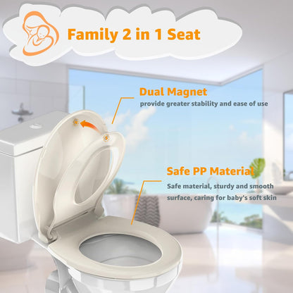 Toilet Seat with Toddler Seat, Potty Training Toilet Seat Round 2 in 1 Soft Close Quiet No Slapping, Magnetic Absorption, Easy to Install and Clean,White
