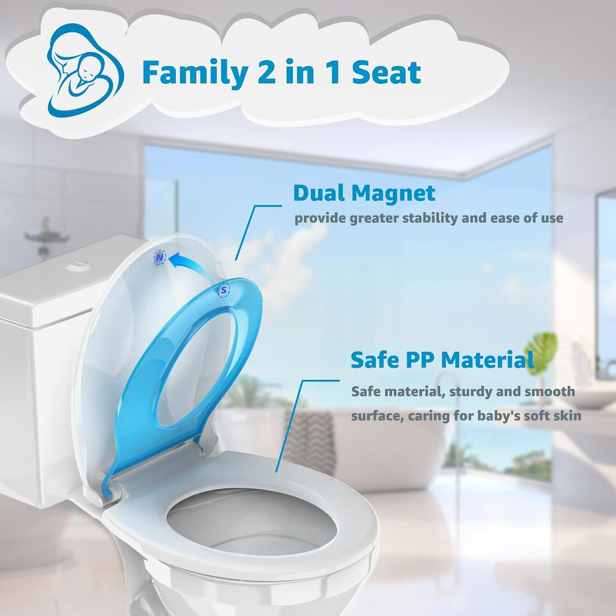 Toilet Seat with Toddler Seat, Potty Training Toilet Seat Round 2 in 1 Soft Close Quiet No Slapping, Magnetic Absorption, Easy to Install and Clean,White