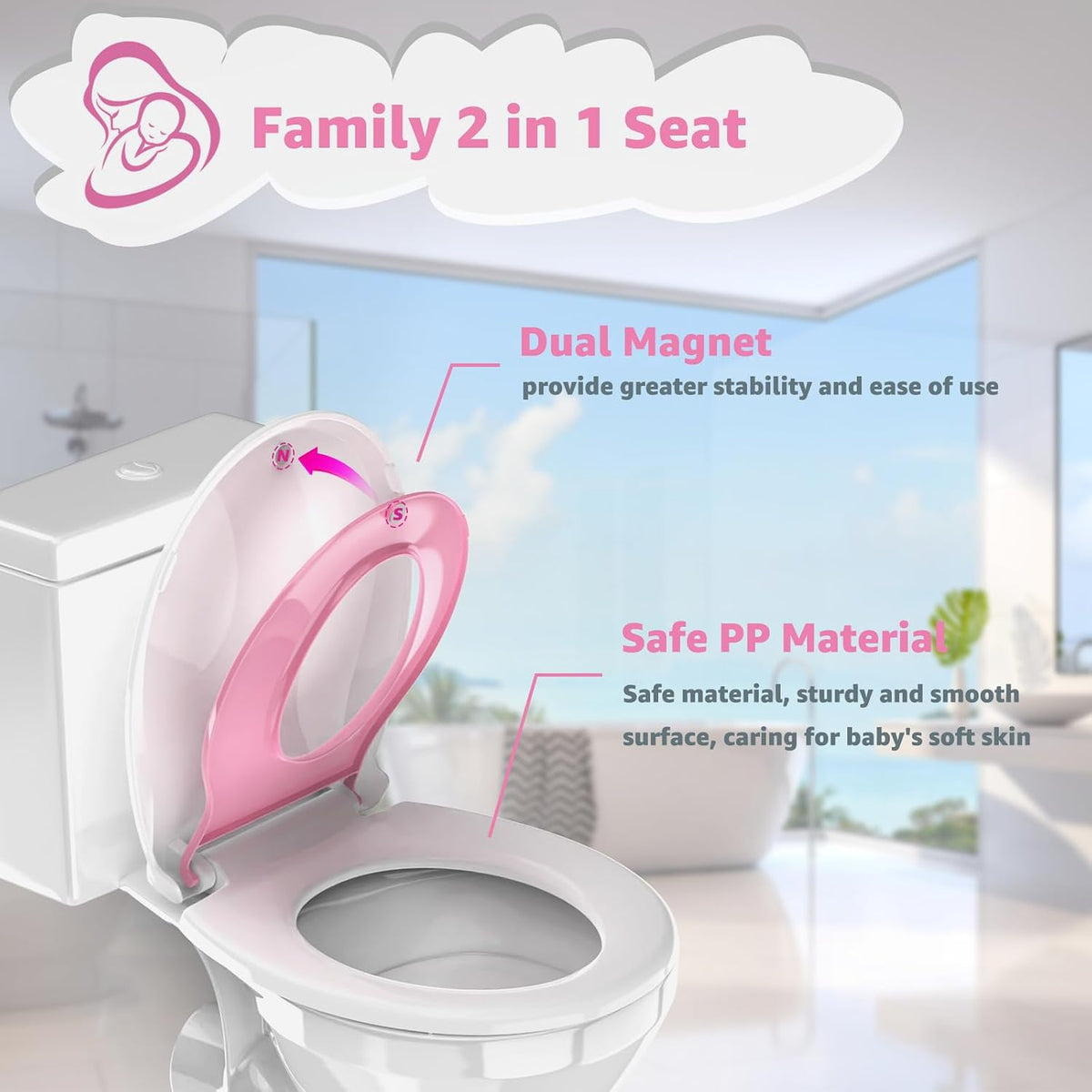 Toilet Seat with Toddler Seat, Potty Training Toilet Seat Round 2 in 1 Soft Close Quiet No Slapping, Magnetic Absorption, Easy to Install and Clean,White