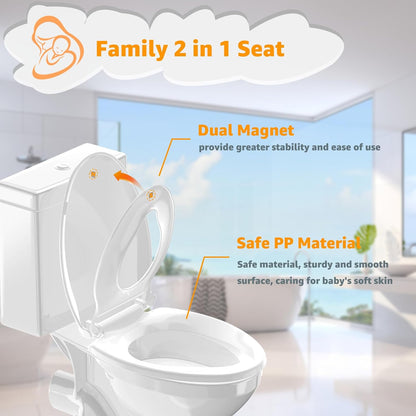 Toilet Seat with Toddler Seat, Potty Training Toilet Seat Round 2 in 1 Soft Close Quiet No Slapping, Magnetic Absorption, Easy to Install and Clean,White