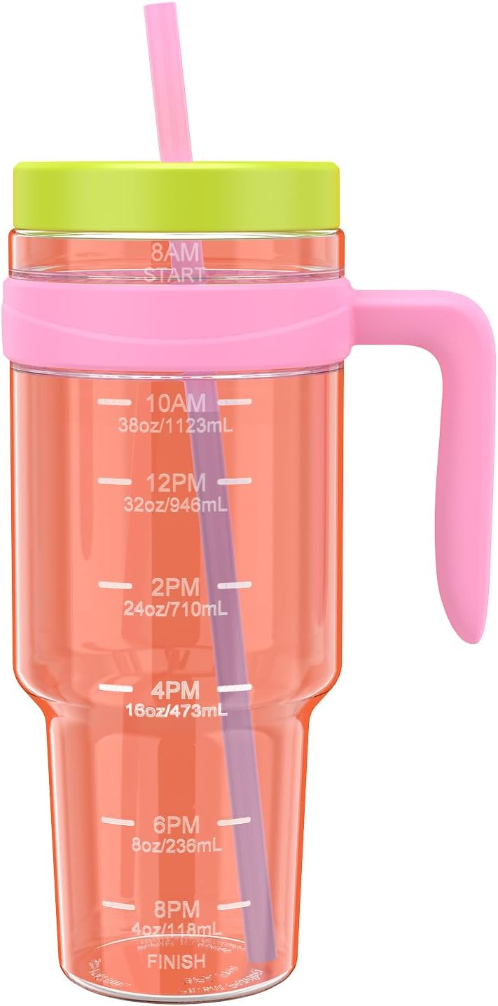50 oz Tritan Plastic Tumbler with Lid & Straw, BPA-Free Bottle | Leak-Proof, Reusable Clear Water Bottle with Time Marker, Wide Mouth for Iced Coffee, Tea, Juice, Bubble Tea & Smoothies