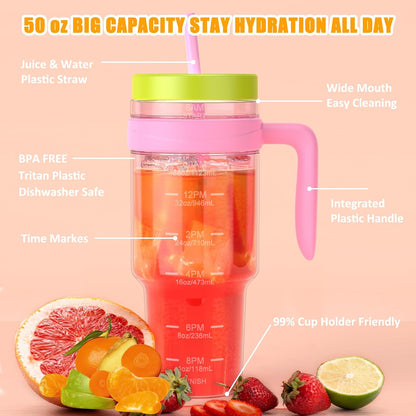 50 oz Tritan Plastic Tumbler with Lid & Straw, BPA-Free Bottle | Leak-Proof, Reusable Clear Water Bottle with Time Marker, Wide Mouth for Iced Coffee, Tea, Juice, Bubble Tea & Smoothies