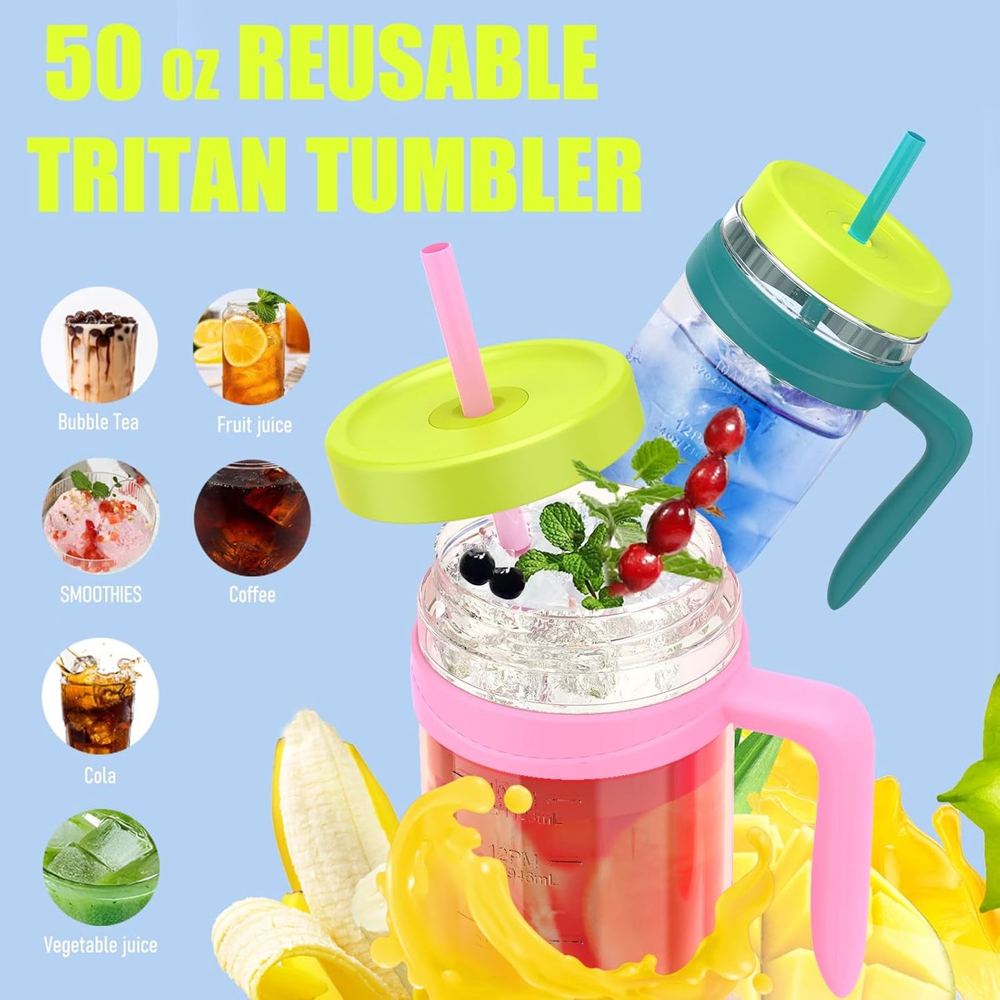 50 oz Tritan Plastic Tumbler with Lid & Straw, BPA-Free Bottle | Leak-Proof, Reusable Clear Water Bottle with Time Marker, Wide Mouth for Iced Coffee, Tea, Juice, Bubble Tea & Smoothies