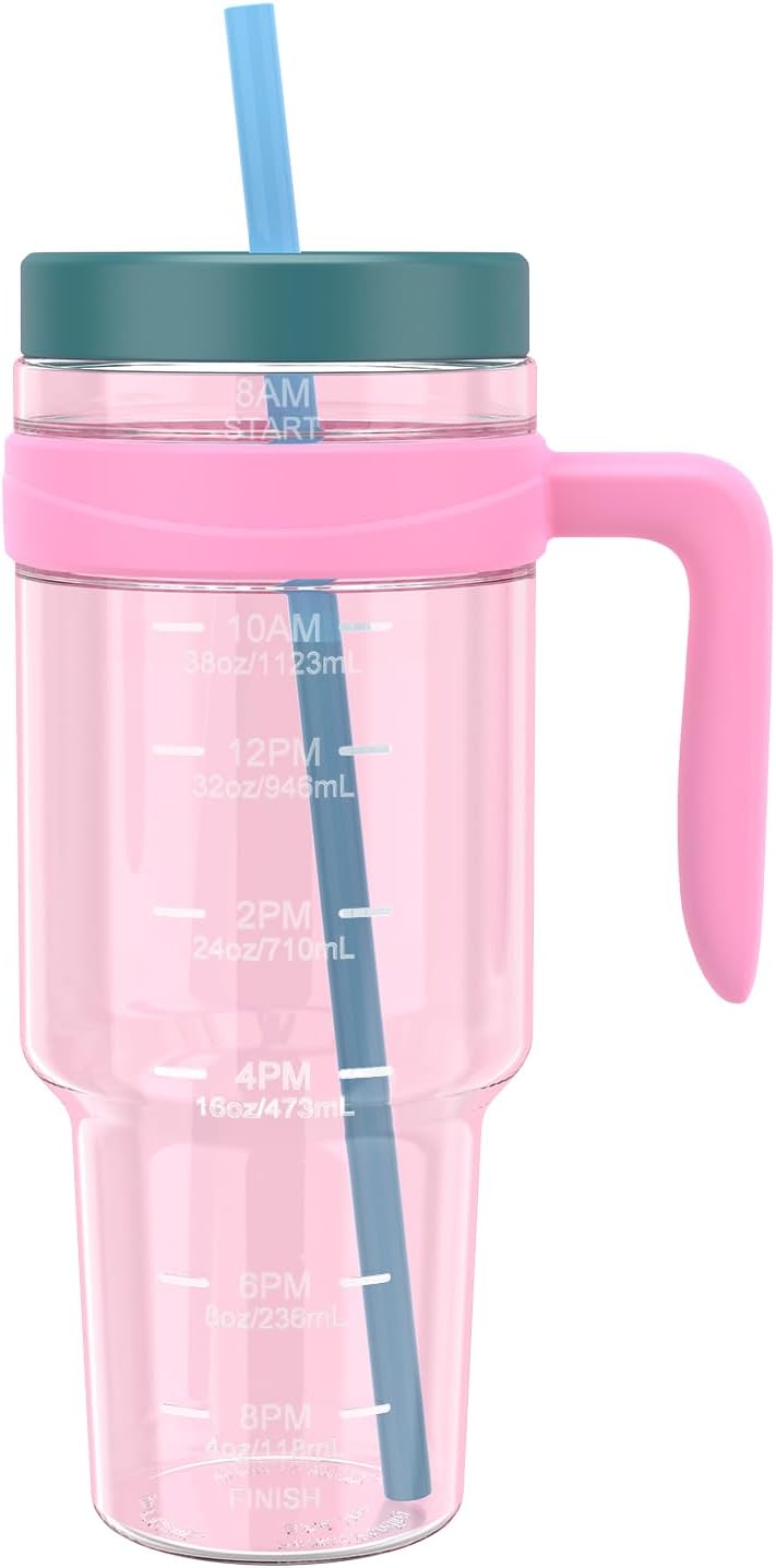 50 oz Tritan Plastic Tumbler with Lid & Straw, BPA-Free Bottle | Leak-Proof, Reusable Clear Water Bottle with Time Marker, Wide Mouth for Iced Coffee, Tea, Juice, Bubble Tea & Smoothies