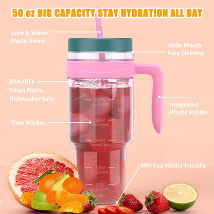 50 oz Tritan Plastic Tumbler with Lid & Straw, BPA-Free Bottle | Leak-Proof, Reusable Clear Water Bottle with Time Marker, Wide Mouth for Iced Coffee, Tea, Juice, Bubble Tea & Smoothies