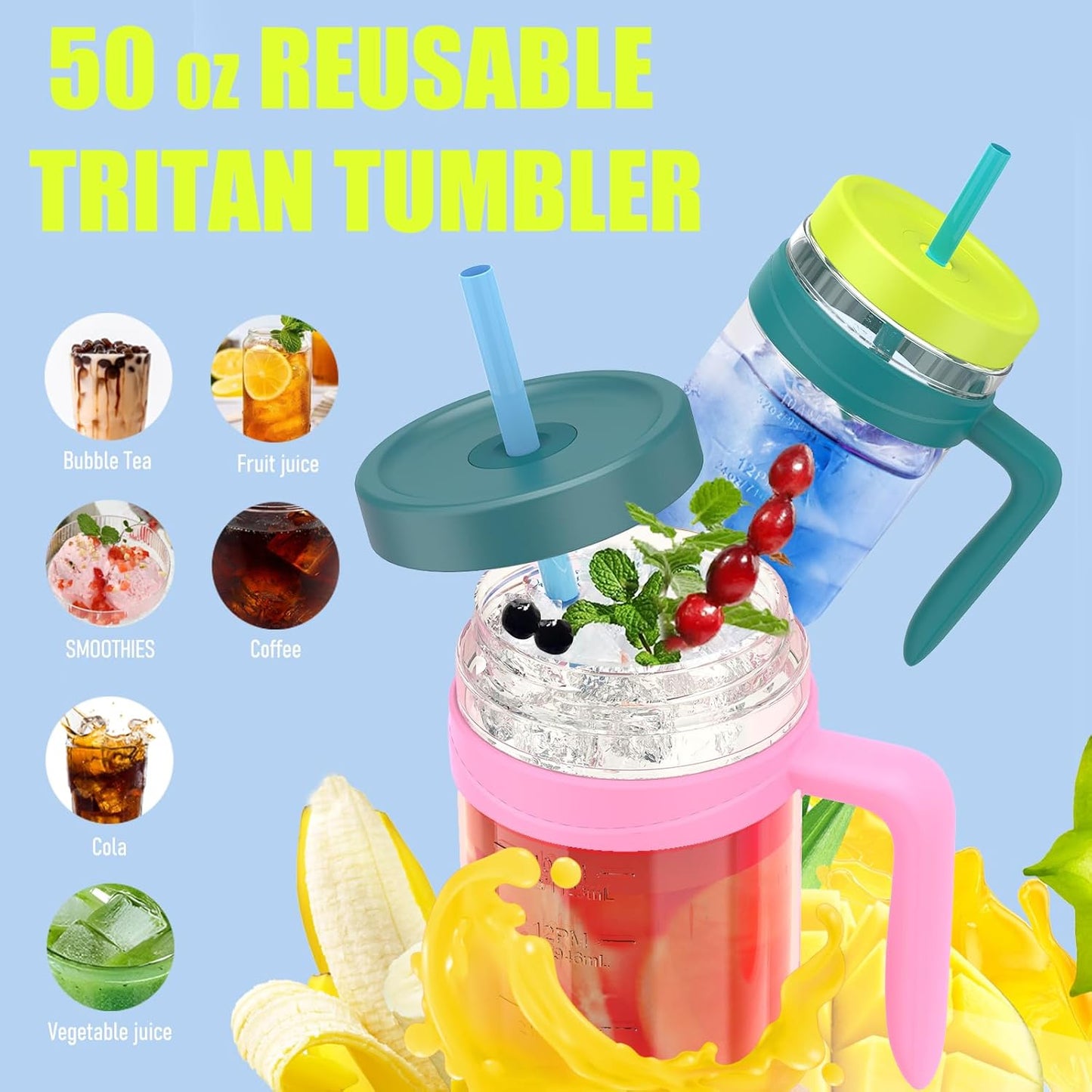 50 oz Tritan Plastic Tumbler with Lid & Straw, BPA-Free Bottle | Leak-Proof, Reusable Clear Water Bottle with Time Marker, Wide Mouth for Iced Coffee, Tea, Juice, Bubble Tea & Smoothies