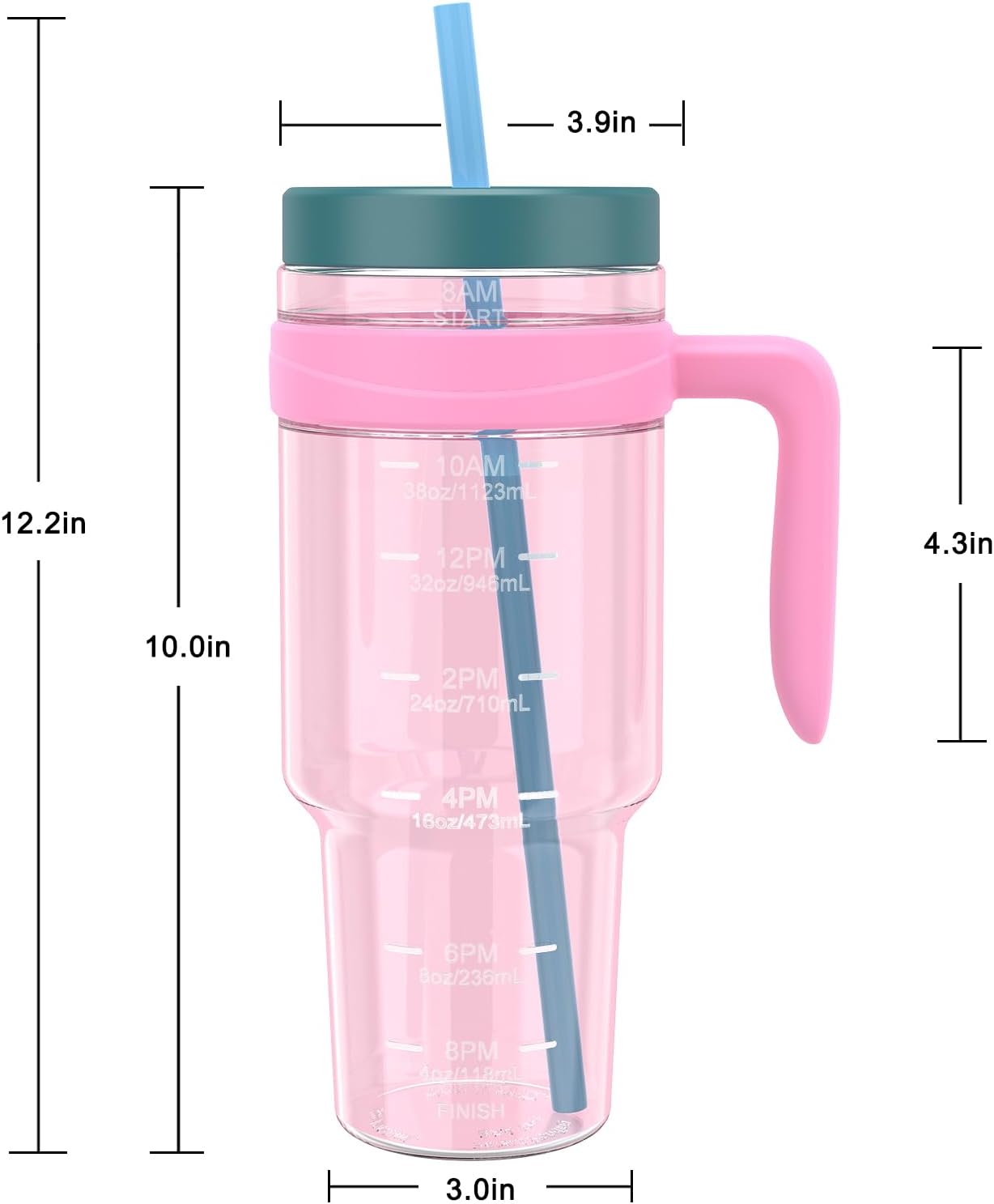 50 oz Tritan Plastic Tumbler with Lid & Straw, BPA-Free Bottle | Leak-Proof, Reusable Clear Water Bottle with Time Marker, Wide Mouth for Iced Coffee, Tea, Juice, Bubble Tea & Smoothies