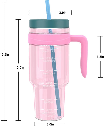 50 oz Tritan Plastic Tumbler with Lid & Straw, BPA-Free Bottle | Leak-Proof, Reusable Clear Water Bottle with Time Marker, Wide Mouth for Iced Coffee, Tea, Juice, Bubble Tea & Smoothies
