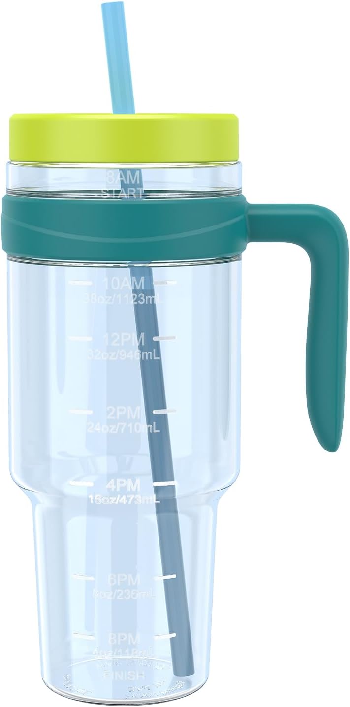 50 oz Tritan Plastic Tumbler with Lid & Straw, BPA-Free Bottle | Leak-Proof, Reusable Clear Water Bottle with Time Marker, Wide Mouth for Iced Coffee, Tea, Juice, Bubble Tea & Smoothies