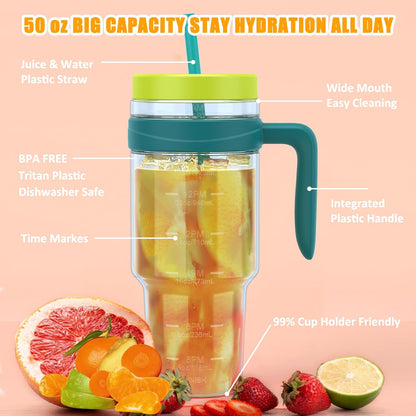 50 oz Tritan Plastic Tumbler with Lid & Straw, BPA-Free Bottle | Leak-Proof, Reusable Clear Water Bottle with Time Marker, Wide Mouth for Iced Coffee, Tea, Juice, Bubble Tea & Smoothies