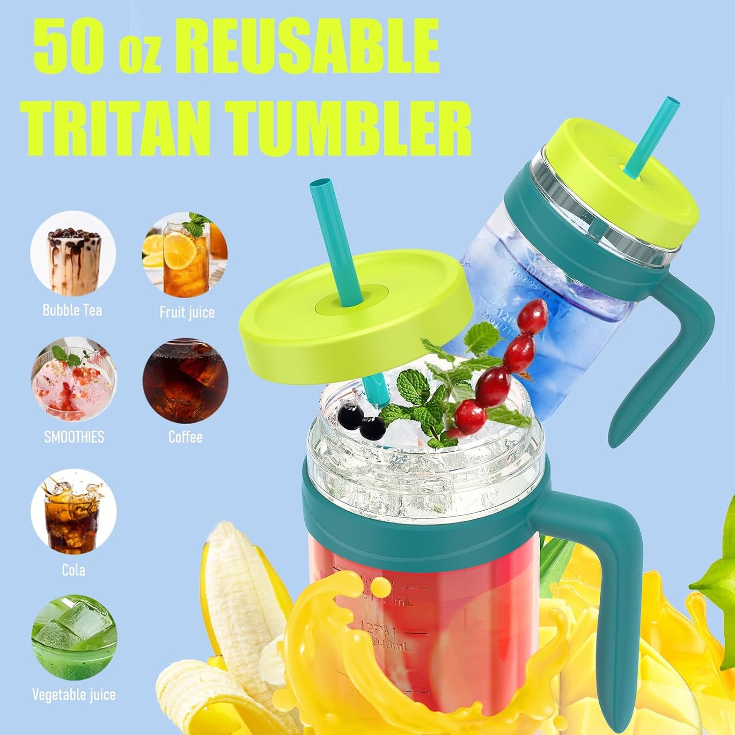 50 oz Tritan Plastic Tumbler with Lid & Straw, BPA-Free Bottle | Leak-Proof, Reusable Clear Water Bottle with Time Marker, Wide Mouth for Iced Coffee, Tea, Juice, Bubble Tea & Smoothies