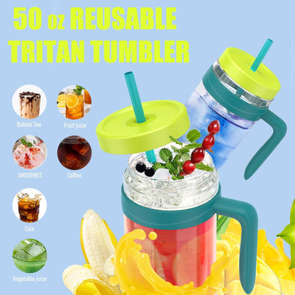 50 oz Tritan Plastic Tumbler with Lid & Straw, BPA-Free Bottle | Leak-Proof, Reusable Clear Water Bottle with Time Marker, Wide Mouth for Iced Coffee, Tea, Juice, Bubble Tea & Smoothies