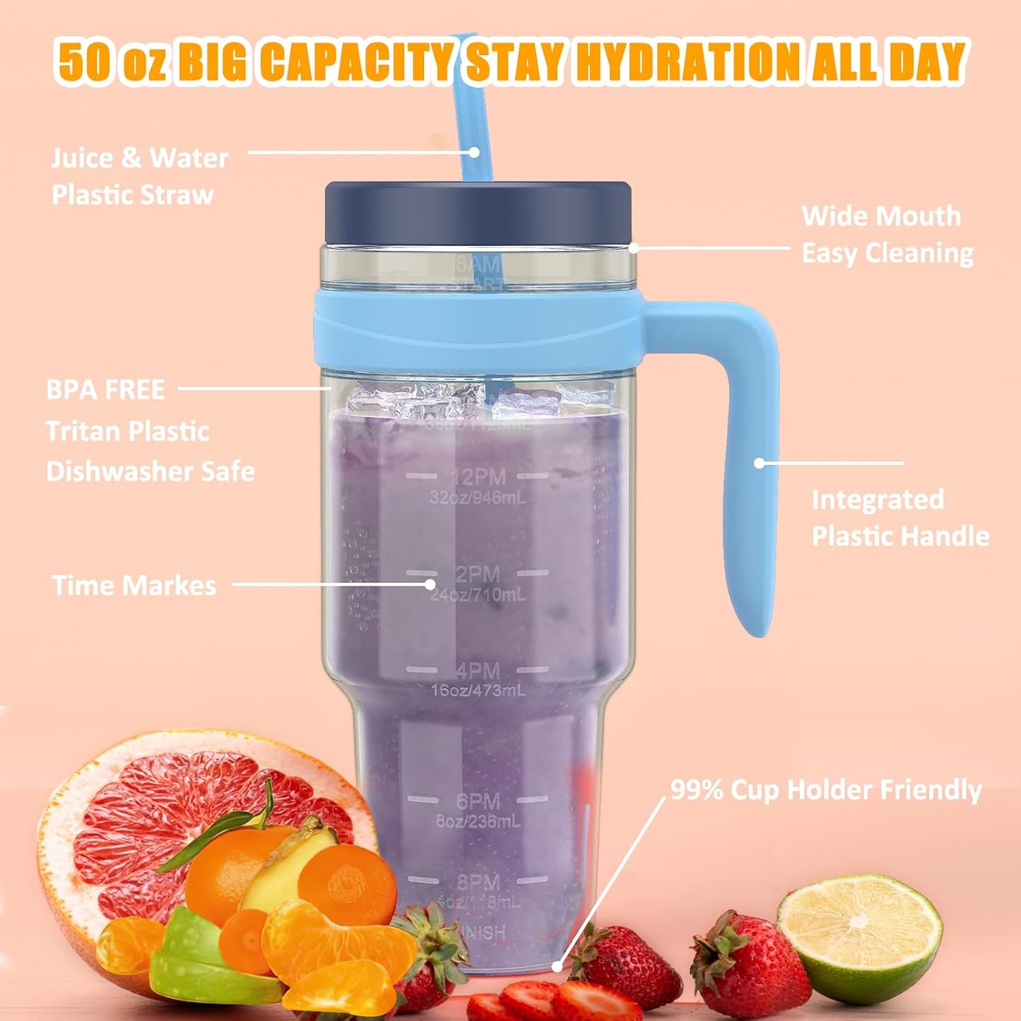 50 oz Tritan Plastic Tumbler with Lid & Straw, BPA-Free Bottle | Leak-Proof, Reusable Clear Water Bottle with Time Marker, Wide Mouth for Iced Coffee, Tea, Juice, Bubble Tea & Smoothies
