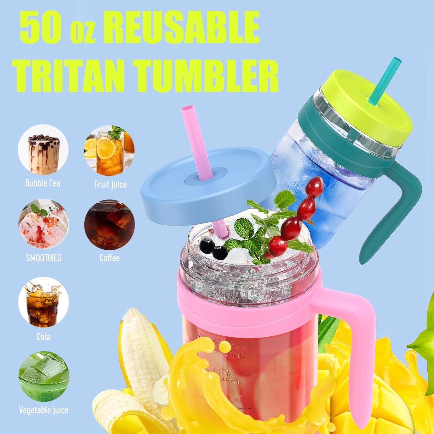 50 oz Tritan Plastic Tumbler with Lid & Straw, BPA-Free Bottle | Leak-Proof, Reusable Clear Water Bottle with Time Marker, Wide Mouth for Iced Coffee, Tea, Juice, Bubble Tea & Smoothies