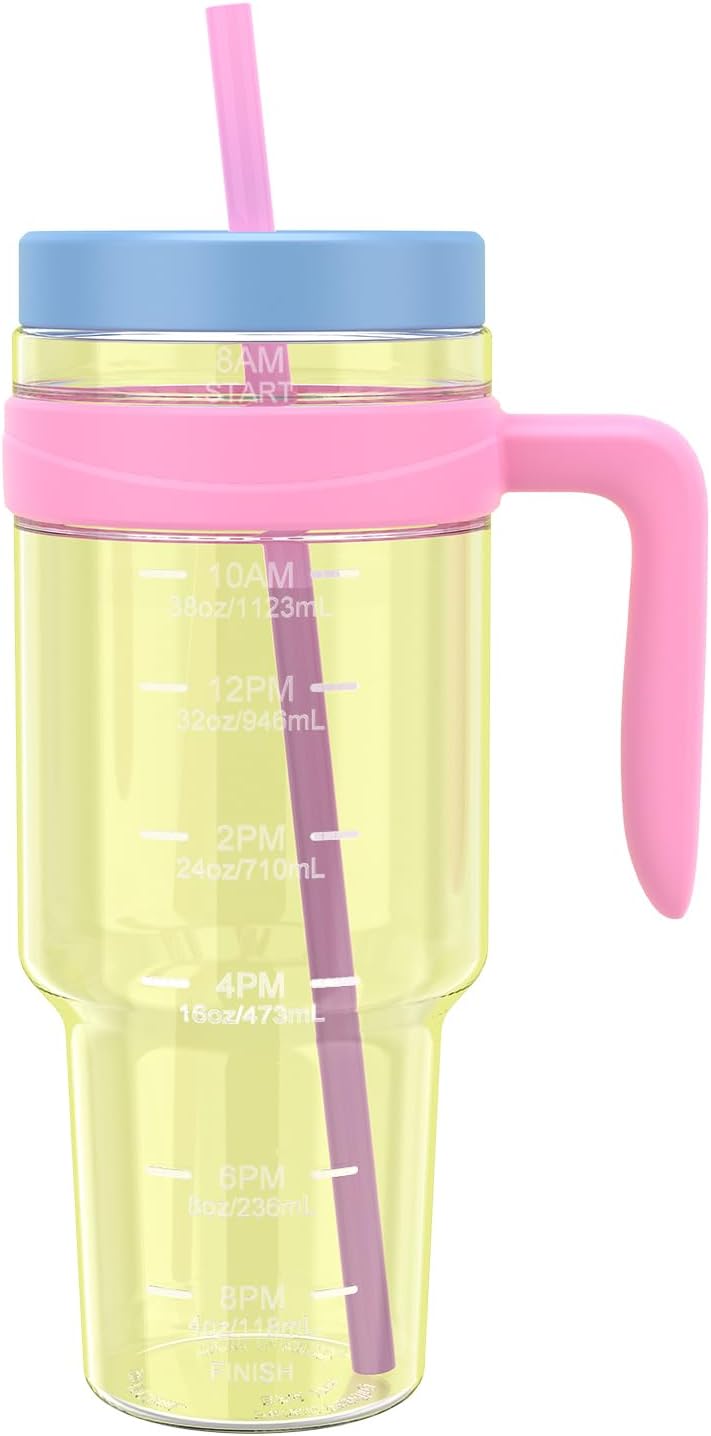50 oz Tritan Plastic Tumbler with Lid & Straw, BPA-Free Bottle | Leak-Proof, Reusable Clear Water Bottle with Time Marker, Wide Mouth for Iced Coffee, Tea, Juice, Bubble Tea & Smoothies