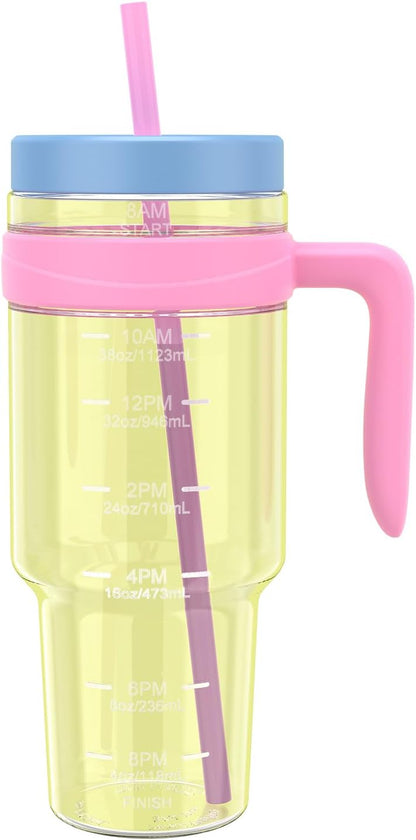 50 oz Tritan Plastic Tumbler with Lid & Straw, BPA-Free Bottle | Leak-Proof, Reusable Clear Water Bottle with Time Marker, Wide Mouth for Iced Coffee, Tea, Juice, Bubble Tea & Smoothies