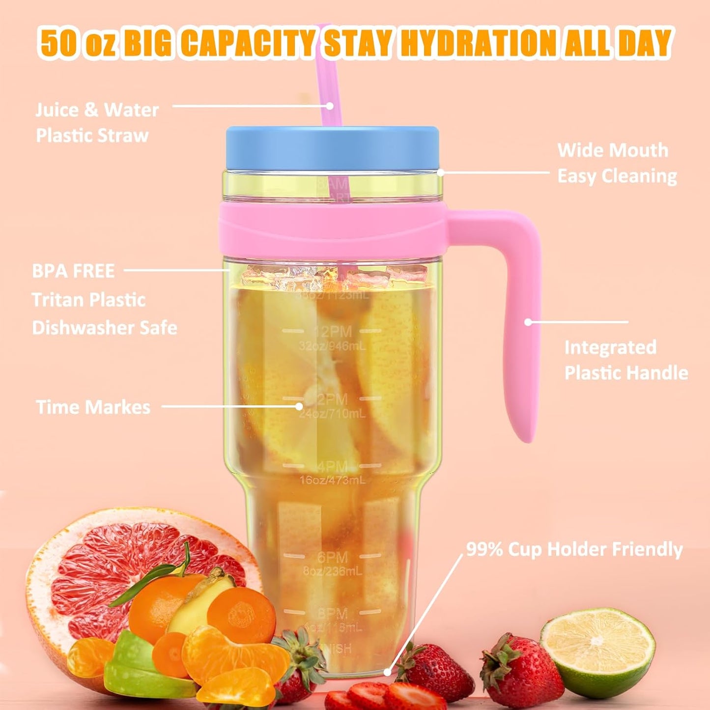 50 oz Tritan Plastic Tumbler with Lid & Straw, BPA-Free Bottle | Leak-Proof, Reusable Clear Water Bottle with Time Marker, Wide Mouth for Iced Coffee, Tea, Juice, Bubble Tea & Smoothies