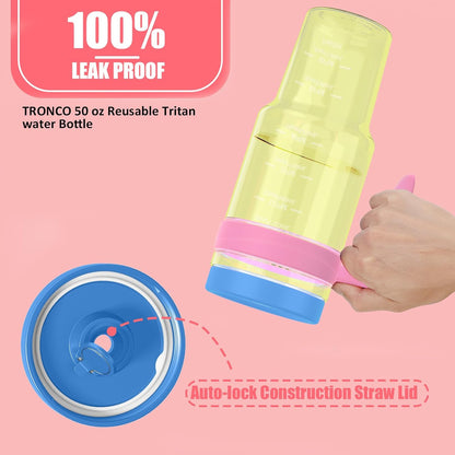 50 oz Tritan Plastic Tumbler with Lid & Straw, BPA-Free Bottle | Leak-Proof, Reusable Clear Water Bottle with Time Marker, Wide Mouth for Iced Coffee, Tea, Juice, Bubble Tea & Smoothies