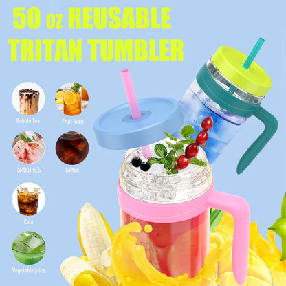 50 oz Tritan Plastic Tumbler with Lid & Straw, BPA-Free Bottle | Leak-Proof, Reusable Clear Water Bottle with Time Marker, Wide Mouth for Iced Coffee, Tea, Juice, Bubble Tea & Smoothies