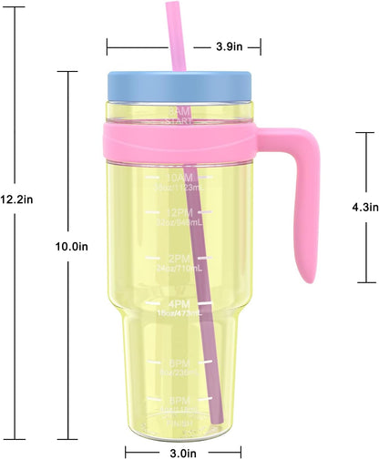 50 oz Tritan Plastic Tumbler with Lid & Straw, BPA-Free Bottle | Leak-Proof, Reusable Clear Water Bottle with Time Marker, Wide Mouth for Iced Coffee, Tea, Juice, Bubble Tea & Smoothies