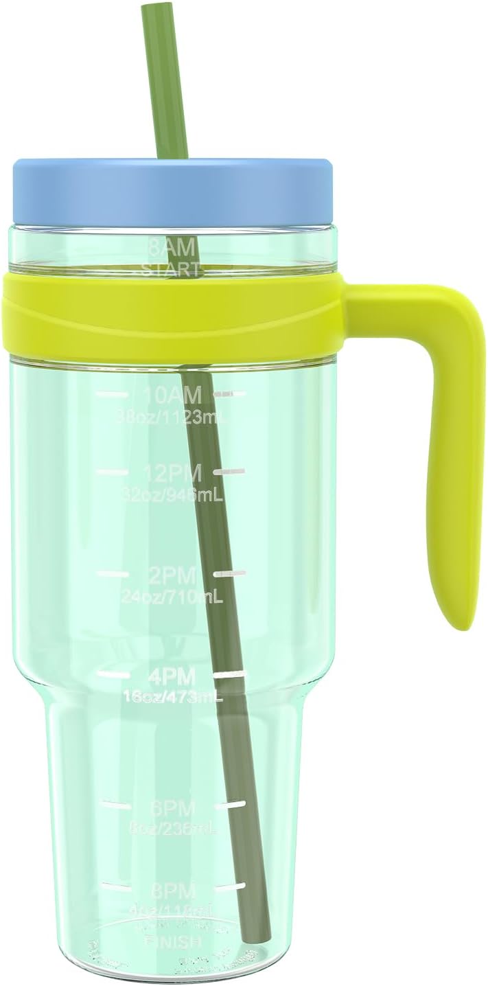 50 oz Tritan Plastic Tumbler with Lid & Straw, BPA-Free Bottle | Leak-Proof, Reusable Clear Water Bottle with Time Marker, Wide Mouth for Iced Coffee, Tea, Juice, Bubble Tea & Smoothies