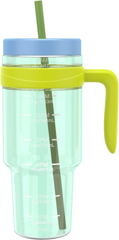 50 oz Tritan Plastic Tumbler with Lid & Straw, BPA-Free Bottle | Leak-Proof, Reusable Clear Water Bottle with Time Marker, Wide Mouth for Iced Coffee, Tea, Juice, Bubble Tea & Smoothies
