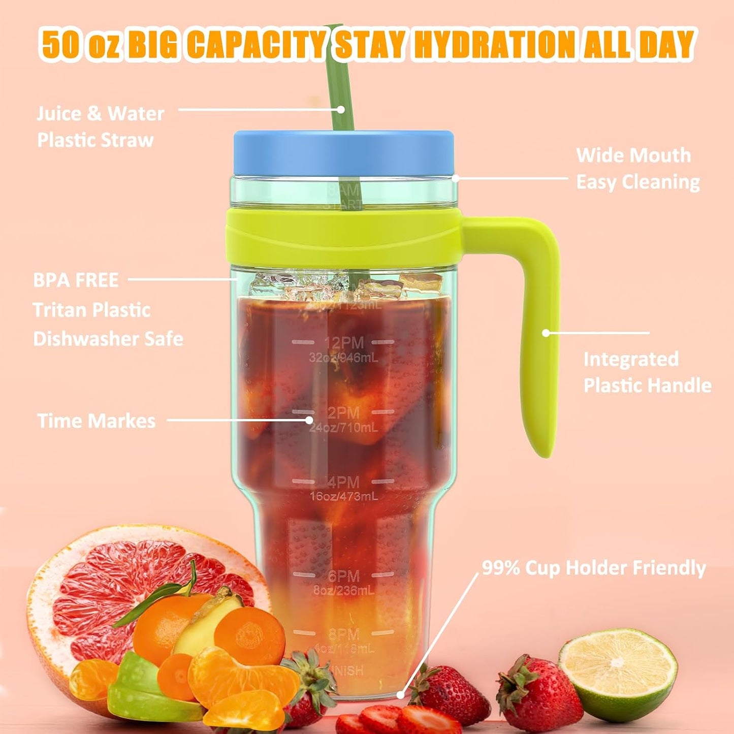 50 oz Tritan Plastic Tumbler with Lid & Straw, BPA-Free Bottle | Leak-Proof, Reusable Clear Water Bottle with Time Marker, Wide Mouth for Iced Coffee, Tea, Juice, Bubble Tea & Smoothies