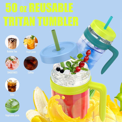 50 oz Tritan Plastic Tumbler with Lid & Straw, BPA-Free Bottle | Leak-Proof, Reusable Clear Water Bottle with Time Marker, Wide Mouth for Iced Coffee, Tea, Juice, Bubble Tea & Smoothies