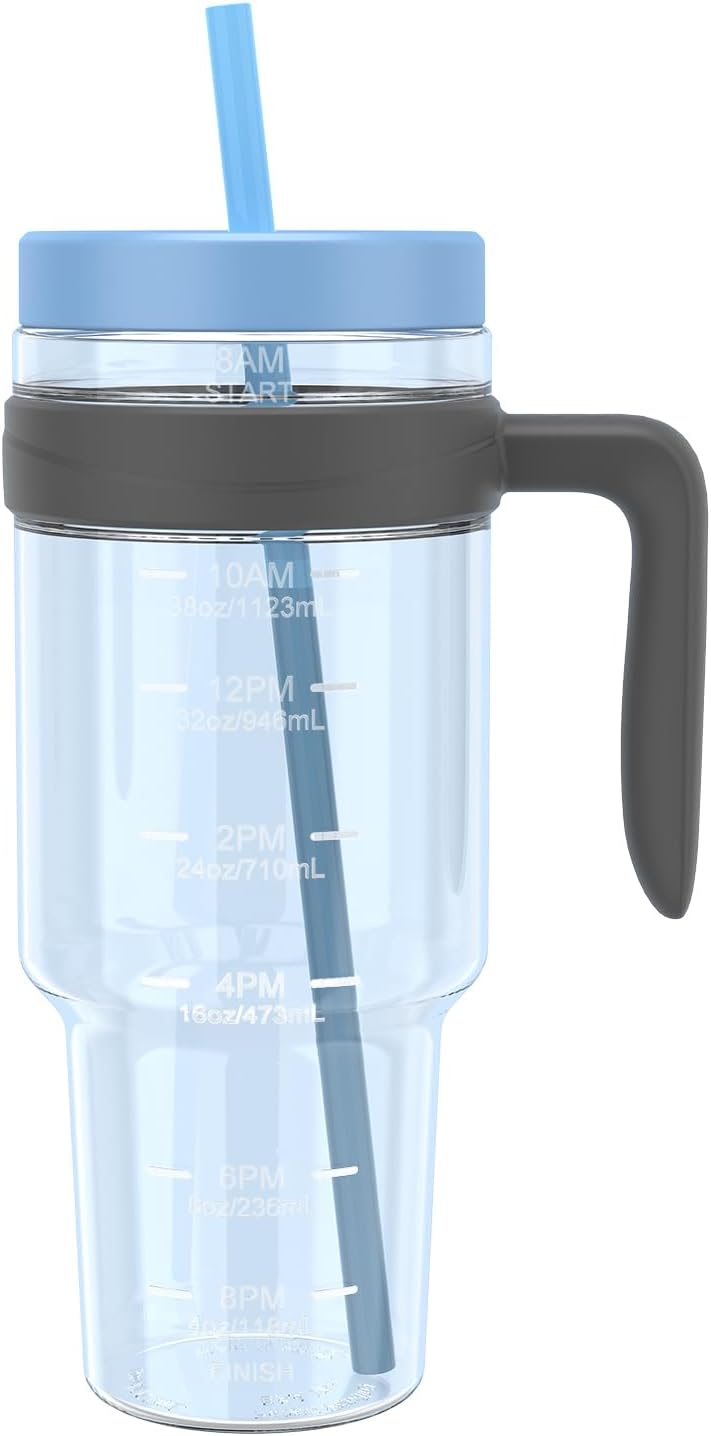 50 oz Tritan Plastic Tumbler with Lid & Straw, BPA-Free Bottle | Leak-Proof, Reusable Clear Water Bottle with Time Marker, Wide Mouth for Iced Coffee, Tea, Juice, Bubble Tea & Smoothies