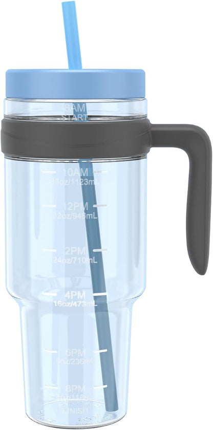 50 oz Tritan Plastic Tumbler with Lid & Straw, BPA-Free Bottle | Leak-Proof, Reusable Clear Water Bottle with Time Marker, Wide Mouth for Iced Coffee, Tea, Juice, Bubble Tea & Smoothies