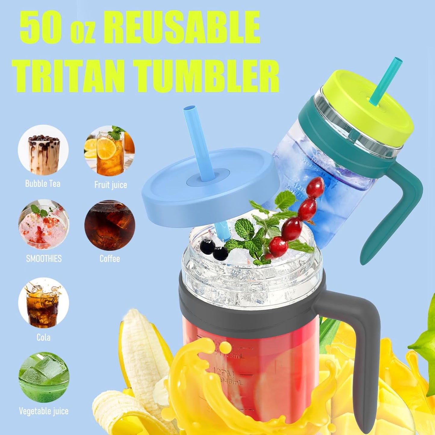 50 oz Tritan Plastic Tumbler with Lid & Straw, BPA-Free Bottle | Leak-Proof, Reusable Clear Water Bottle with Time Marker, Wide Mouth for Iced Coffee, Tea, Juice, Bubble Tea & Smoothies