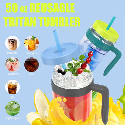 50 oz Tritan Plastic Tumbler with Lid & Straw, BPA-Free Bottle | Leak-Proof, Reusable Clear Water Bottle with Time Marker, Wide Mouth for Iced Coffee, Tea, Juice, Bubble Tea & Smoothies