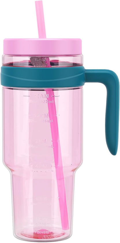50 oz Tritan Plastic Tumbler with Lid & Straw, BPA-Free Bottle | Leak-Proof, Reusable Clear Water Bottle with Time Marker, Wide Mouth for Iced Coffee, Tea, Juice, Bubble Tea & Smoothies