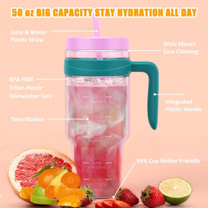 50 oz Tritan Plastic Tumbler with Lid & Straw, BPA-Free Bottle | Leak-Proof, Reusable Clear Water Bottle with Time Marker, Wide Mouth for Iced Coffee, Tea, Juice, Bubble Tea & Smoothies