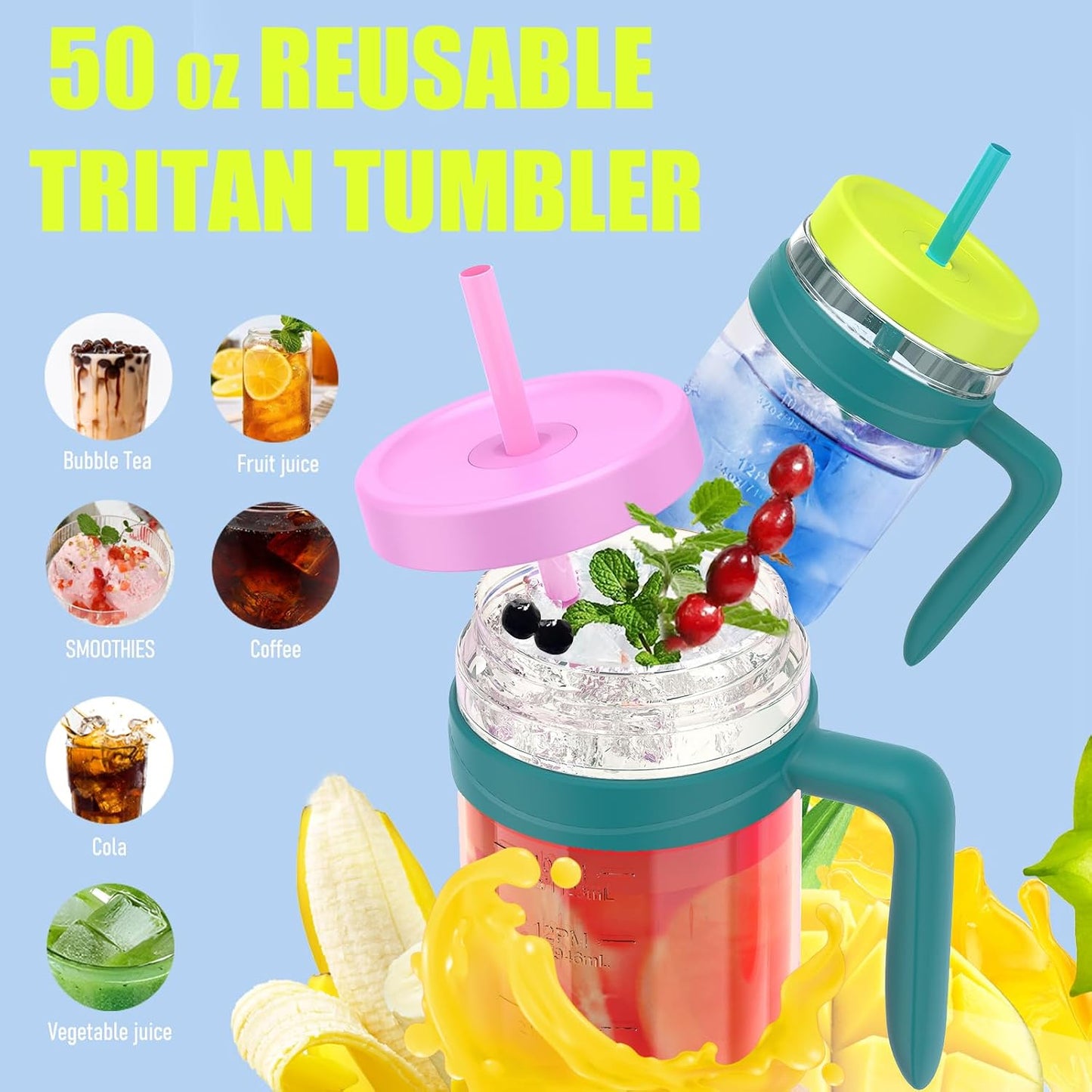 50 oz Tritan Plastic Tumbler with Lid & Straw, BPA-Free Bottle | Leak-Proof, Reusable Clear Water Bottle with Time Marker, Wide Mouth for Iced Coffee, Tea, Juice, Bubble Tea & Smoothies