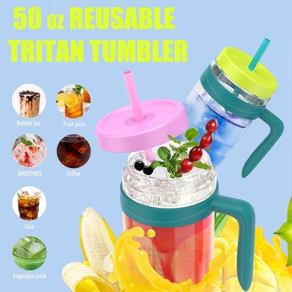 50 oz Tritan Plastic Tumbler with Lid & Straw, BPA-Free Bottle | Leak-Proof, Reusable Clear Water Bottle with Time Marker, Wide Mouth for Iced Coffee, Tea, Juice, Bubble Tea & Smoothies