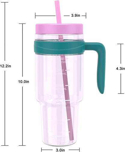 50 oz Tritan Plastic Tumbler with Lid & Straw, BPA-Free Bottle | Leak-Proof, Reusable Clear Water Bottle with Time Marker, Wide Mouth for Iced Coffee, Tea, Juice, Bubble Tea & Smoothies