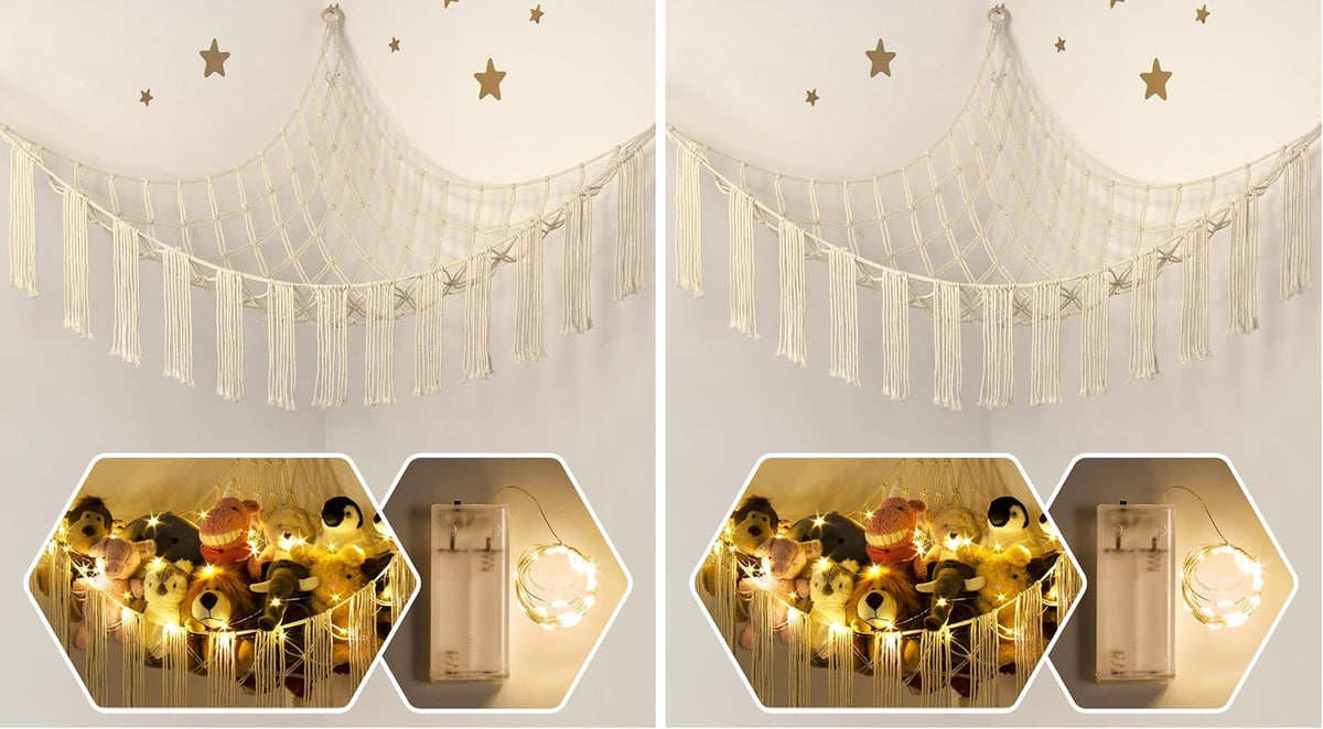 Stuffed Animal Hammock Corner with LED Light - Toy Storage Hammock Plushie Net Large - Cute Stuff Animals Holder Hanging Organizer - Baby Room Decor Kids Toddler Nursery Bedroom Boho