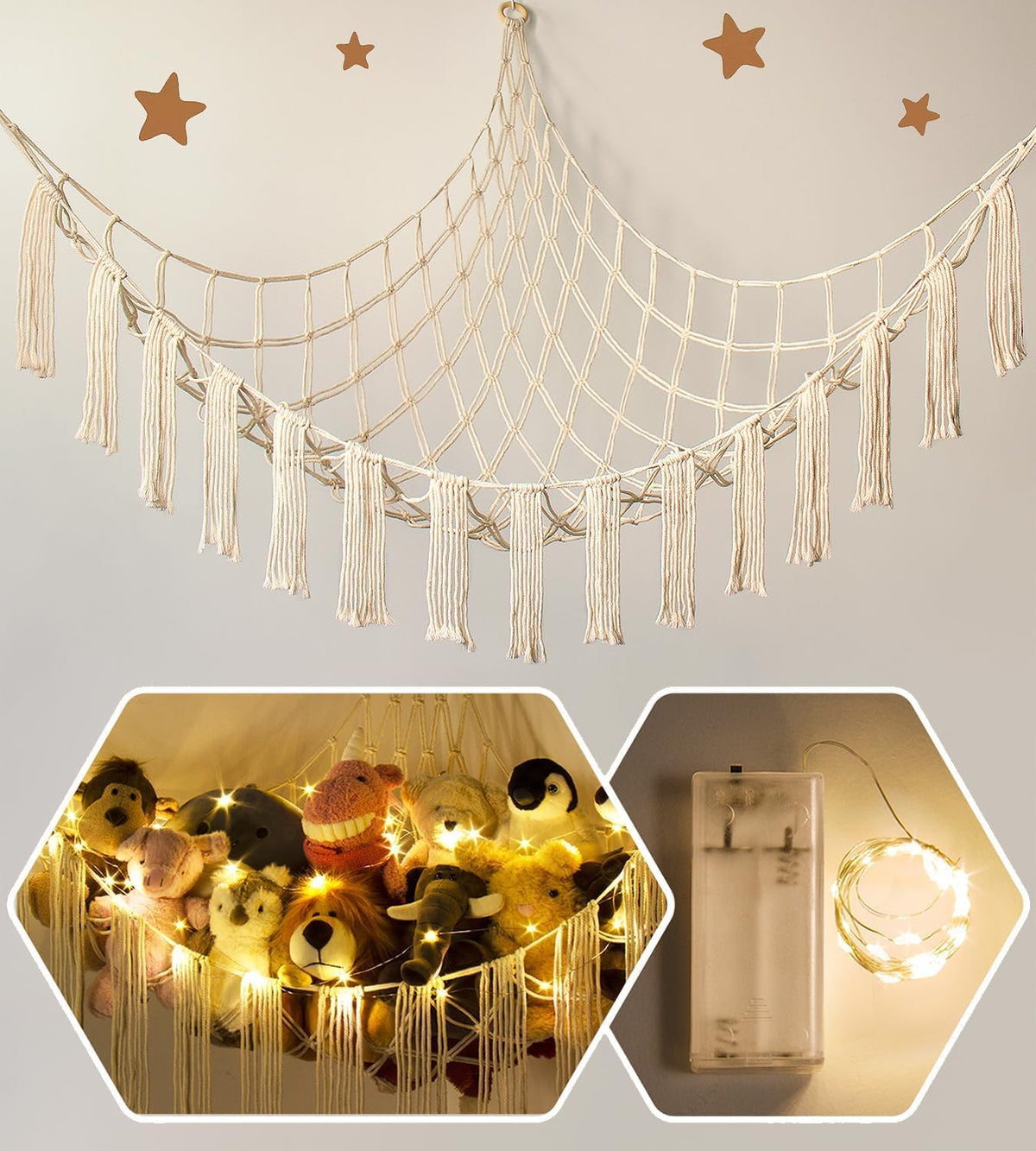 Stuffed Animal Hammock Corner with LED Light - Toy Storage Hammock Plushie Net Large - Cute Stuff Animals Holder Hanging Organizer - Baby Room Decor Kids Toddler Nursery Bedroom Boho