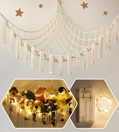 Stuffed Animal Hammock Corner with LED Light - Toy Storage Hammock Plushie Net Large - Cute Stuff Animals Holder Hanging Organizer - Baby Room Decor Kids Toddler Nursery Bedroom Boho