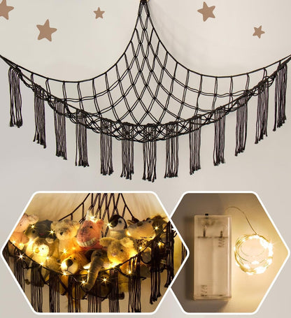 Stuffed Animal Hammock Corner with LED Light - Toy Storage Hammock Plushie Net Large - Cute Stuff Animals Holder Hanging Organizer - Baby Room Decor Kids Toddler Nursery Bedroom Boho