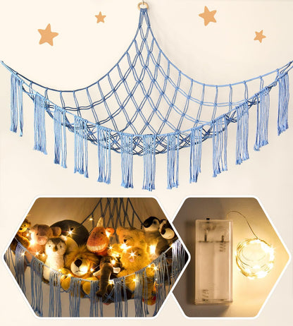 Stuffed Animal Hammock Corner with LED Light - Toy Storage Hammock Plushie Net Large - Cute Stuff Animals Holder Hanging Organizer - Baby Room Decor Kids Toddler Nursery Bedroom Boho