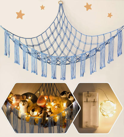 Stuffed Animal Hammock Corner with LED Light - Toy Storage Hammock Plushie Net Large - Cute Stuff Animals Holder Hanging Organizer - Baby Room Decor Kids Toddler Nursery Bedroom Boho