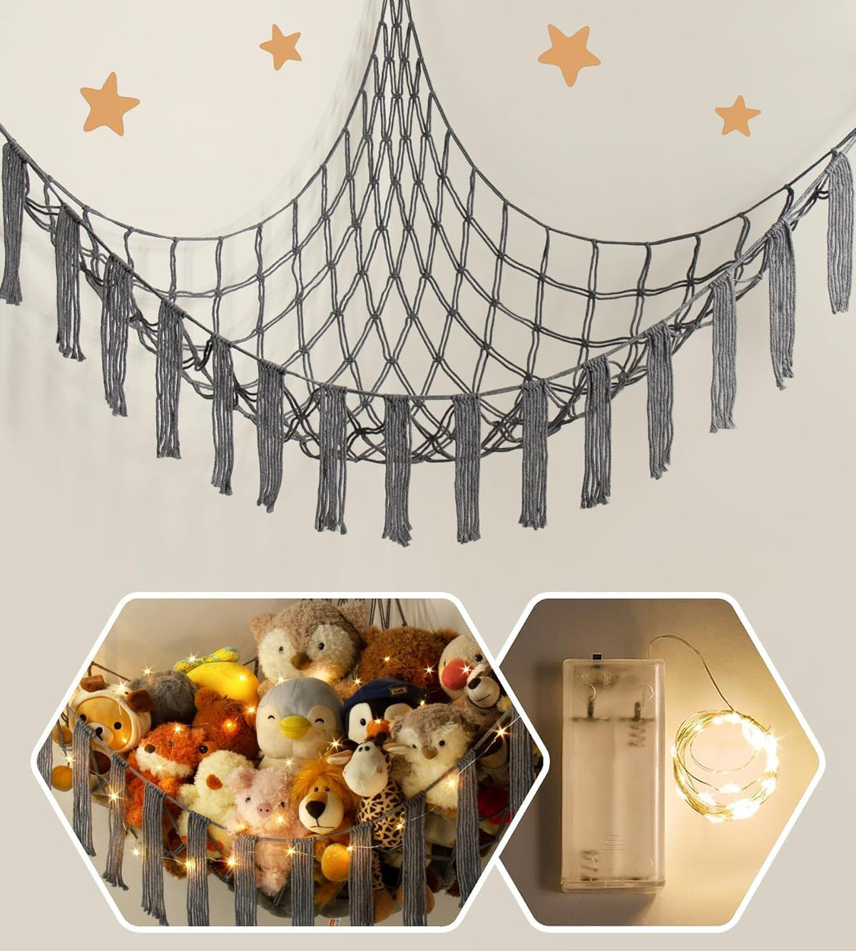 Stuffed Animal Hammock Corner with LED Light - Toy Storage Hammock Plushie Net Large - Cute Stuff Animals Holder Hanging Organizer - Baby Room Decor Kids Toddler Nursery Bedroom Boho