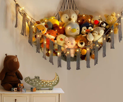 Stuffed Animal Hammock Corner with LED Light - Toy Storage Hammock Plushie Net Large - Cute Stuff Animals Holder Hanging Organizer - Baby Room Decor Kids Toddler Nursery Bedroom Boho