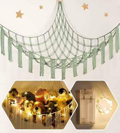 Stuffed Animal Hammock Corner with LED Light - Toy Storage Hammock Plushie Net Large - Cute Stuff Animals Holder Hanging Organizer - Baby Room Decor Kids Toddler Nursery Bedroom Boho