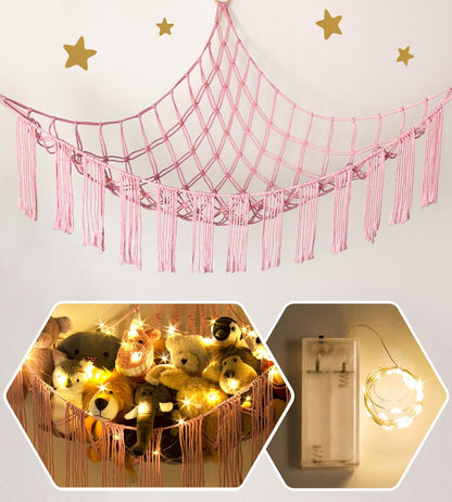 Stuffed Animal Hammock Corner with LED Light - Toy Storage Hammock Plushie Net Large - Cute Stuff Animals Holder Hanging Organizer - Baby Room Decor Kids Toddler Nursery Bedroom Boho