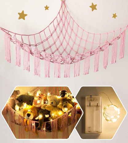 Stuffed Animal Hammock Corner with LED Light - Toy Storage Hammock Plushie Net Large - Cute Stuff Animals Holder Hanging Organizer - Baby Room Decor Kids Toddler Nursery Bedroom Boho