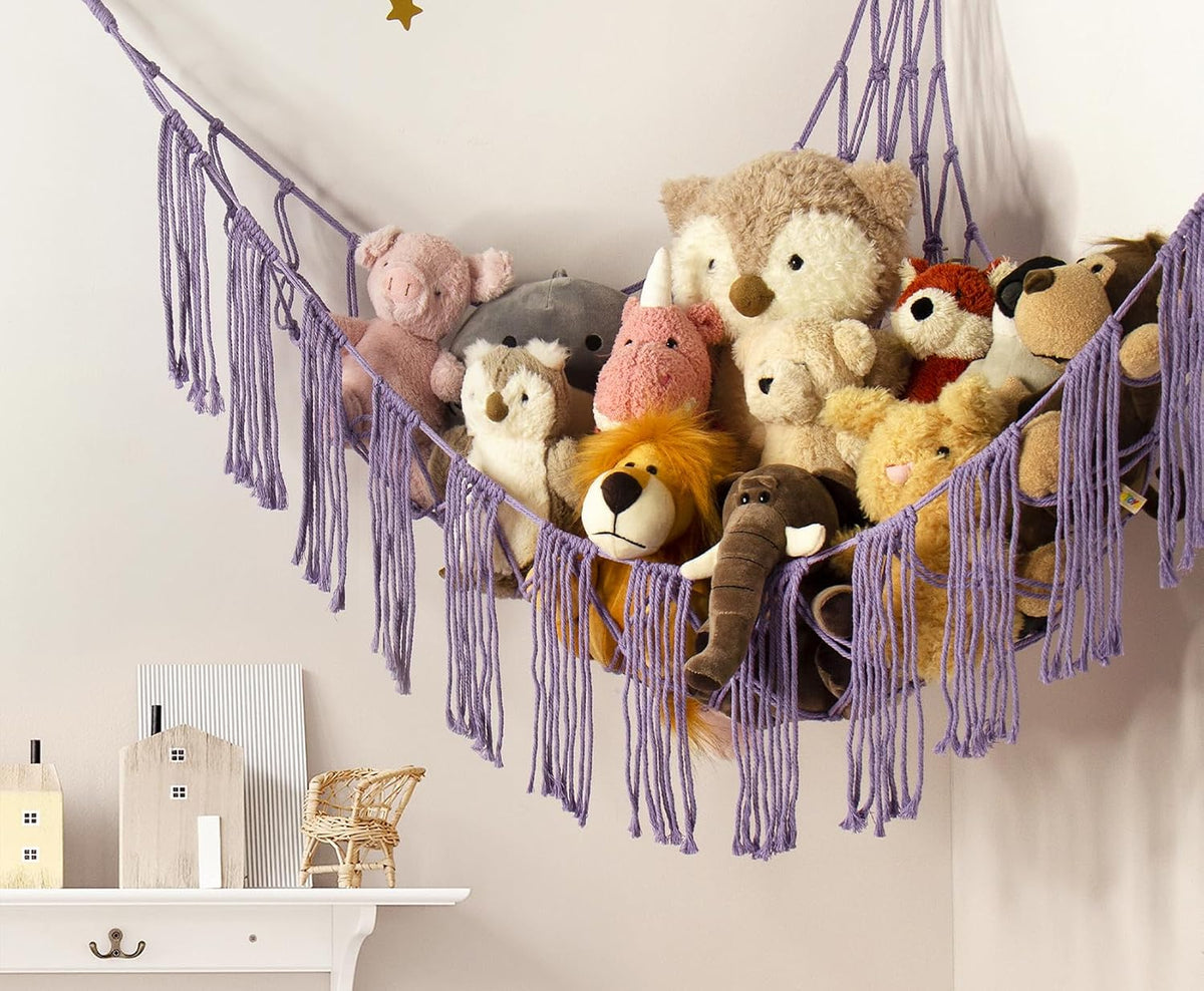 Stuffed Animal Hammock Corner with LED Light - Toy Storage Hammock Plushie Net Large - Cute Stuff Animals Holder Hanging Organizer - Baby Room Decor Kids Toddler Nursery Bedroom Boho