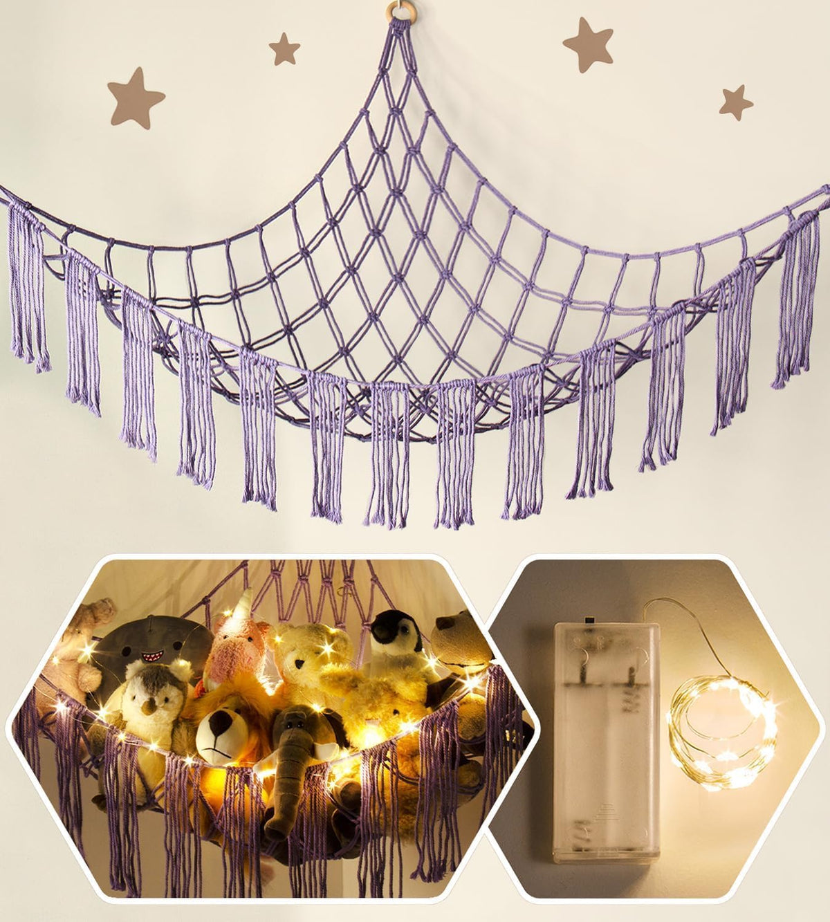 Stuffed Animal Hammock Corner with LED Light - Toy Storage Hammock Plushie Net Large - Cute Stuff Animals Holder Hanging Organizer - Baby Room Decor Kids Toddler Nursery Bedroom Boho